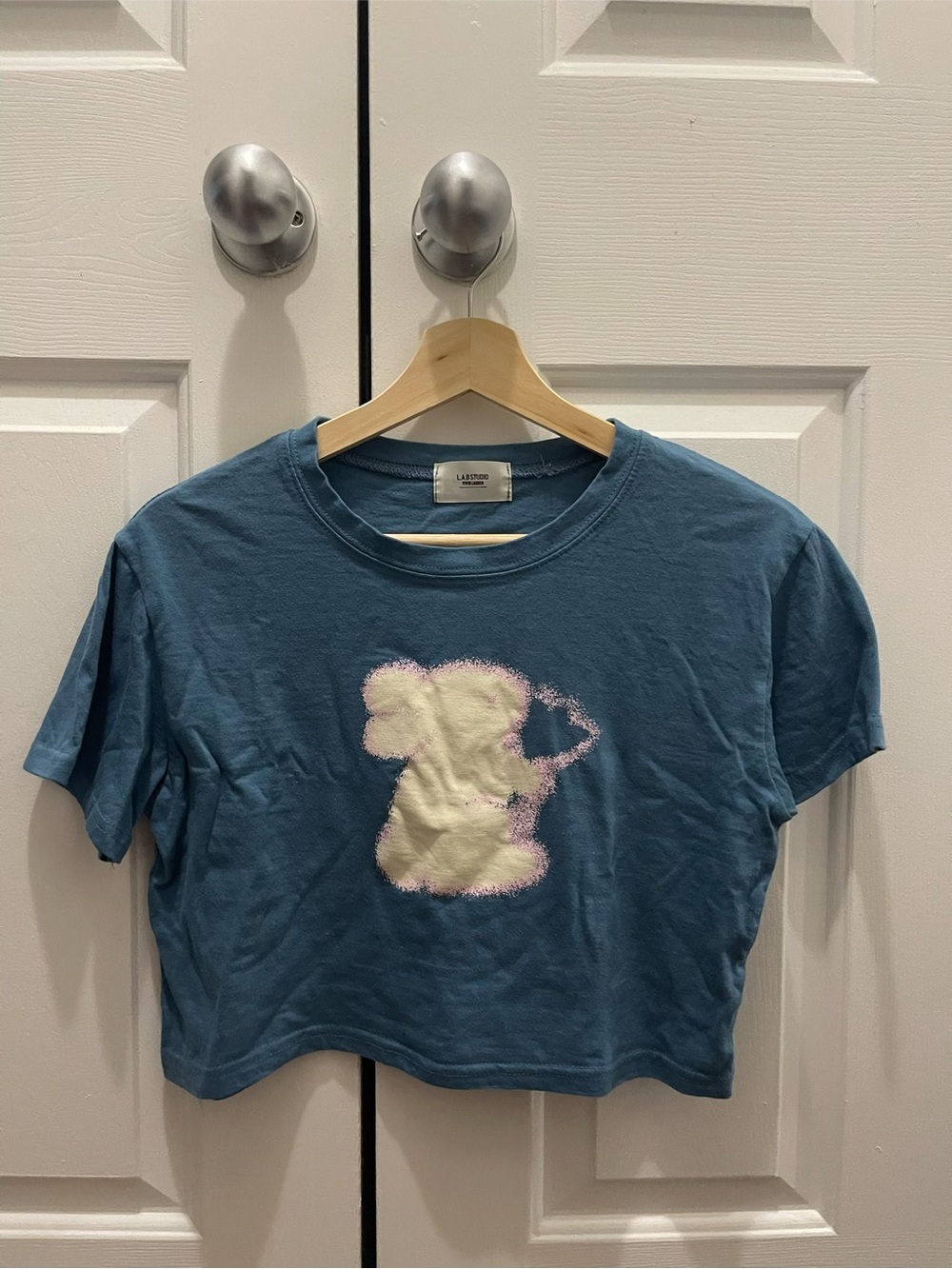 (NEW) Blue Cropped Tee with Cream Teddy Graphic